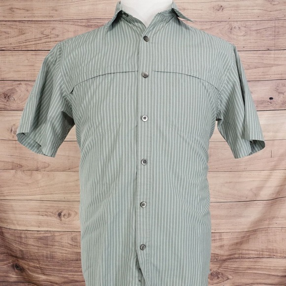 VAN HEUSEN SHORT SLEEVE GREEN STRIPED BUTTON DOWN SHIRT MENS SIZE M OUTDOORS - Picture 3 of 6